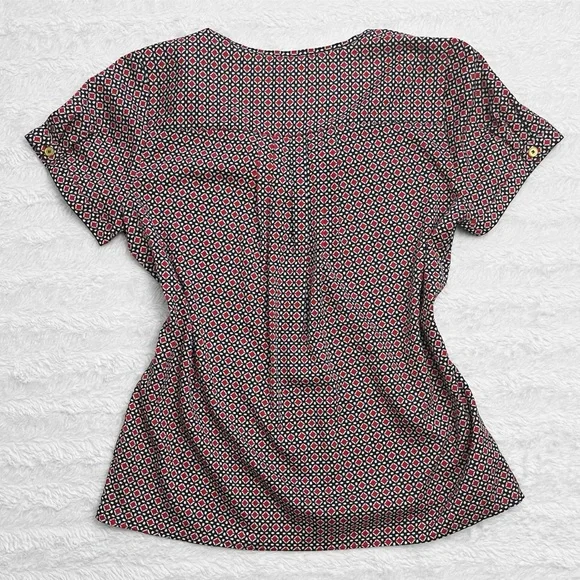 The Limited Women’s Geometric Print Short Sleeve Blouse - Red/White/Navy Blue - Picture 3 of 8